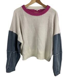 Baevely Denim Color Block Sweater Women Size Medium Blue Pink White